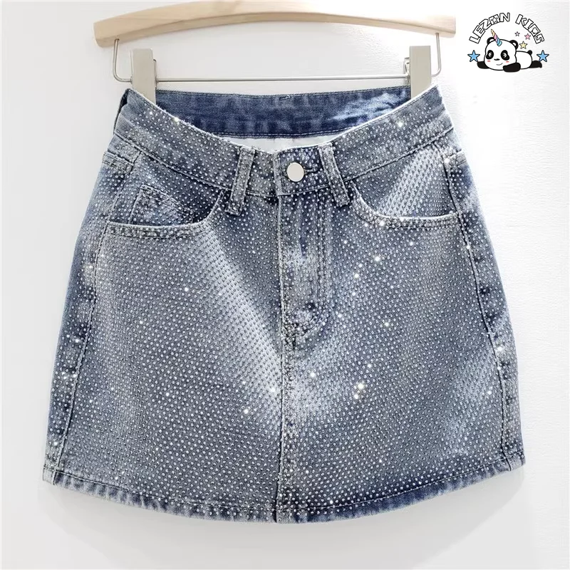 LEZONKIDS - Saia jeans personalizada com novos cristais pesados, estilo A-line, cintura alta e curta para meninas